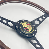 wood rimmed steering wheel for vw beetle, Karmann Ghia, type 2, thing and Porsche 914 with Porsche logo horn button
