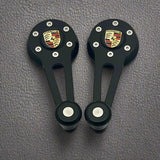 black aluminum window crank set for vw beetle, Karmann Ghia, bay window bus, type 3, mk1, vanagon and porsche 914 with porsche logo