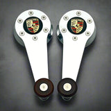 Window Cranks for VW, fits Beetle, Karmann Ghia, Type 3, Bay Window Bus, Vanagon, MK1, Porsche 914, Porsche 944, Chrome with Wood knobs and Porsche logo