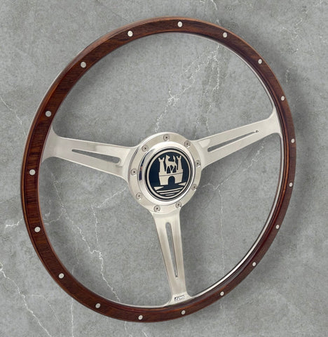 Wood rimmed steering wheel with chrome spokes for VW Bay Window Bus, Split Window Bus and Vanagon. 