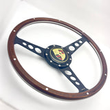 wood rimmed steering wheel for vw beetle, Karmann Ghia, type 2, thing and Porsche 914 with Porsche logo horn button