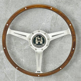 Wood rimmed steering wheel with chrome spokes for VW Beetle, Karmann Ghia, Squareback, Notchback, Thing and Porsche 914. 