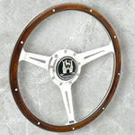 Wood rimmed steering wheel with chrome spokes for VW Beetle, Karmann Ghia, Squareback, Notchback, Thing and Porsche 914. 