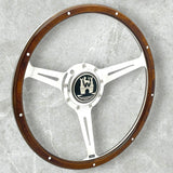 Wood rimmed steering wheel with chrome spokes for VW Beetle, Karmann Ghia, Squareback, Notchback, Thing and Porsche 914. 