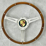 Wood rimmed steering wheel with chrome spokes for VW Beetle, Karmann Ghia, Squareback, Notchback, Thing and Porsche 914. 