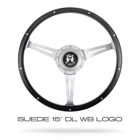 Custom black rimmed steering wheel with satin spoke and Wolfsburg horn button for VW thing