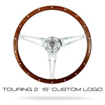 Custom wood steering wheel with rivets and laser etched horn button for Fusca