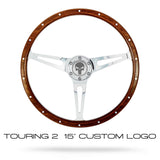 Custom wood steering wheel with rivets and laser etched horn button for Fusca